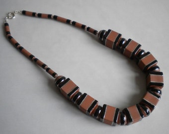 Terracotta fat cube & sphere bead necklace, black glaze, platinum lustre, large silver boltring clasp