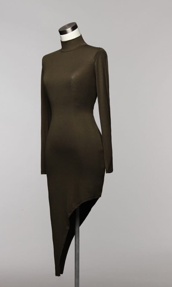 olive green asymmetrical dress Women's Poetic Charm Olive Green Asymmetric One Shoulder Maxi Dress | Size: S