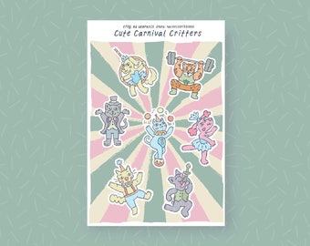 May include: A set of six colorful stickers featuring cute cartoon cats dressed as carnival performers. The stickers are on a pink and white background with a yellow and white striped pattern. The text "Cute Carnival Critters" is at the top of the sheet.