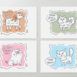 Conjunto de 4 tarjetas de agradecimiento / Tarjetas de agradecimiento de juego de palabras / Tarjetas de agradecimiento de animales / Tarjetas de felicitación lindas