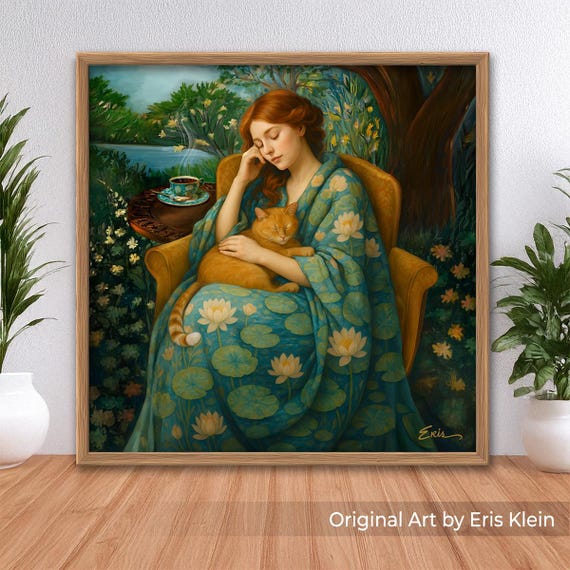 Garden of Serenity Fine Art Print: with Woman, Cat, Lilly Pad Pond. Inspired by Monet and the Impressionists.