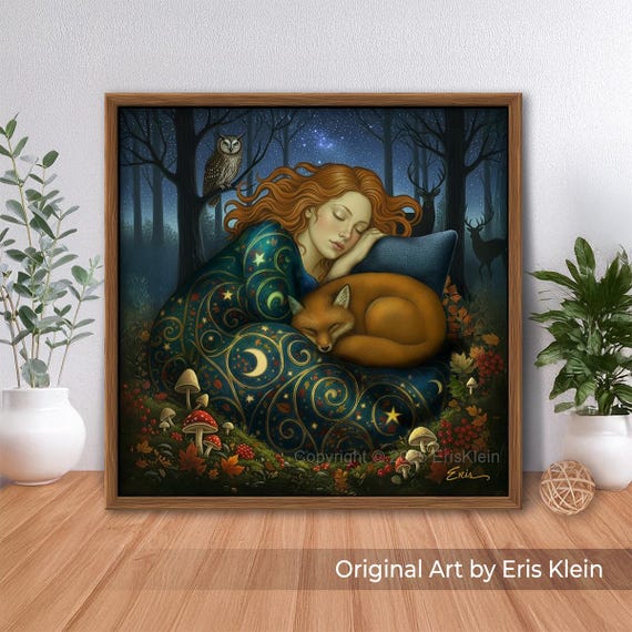 Woodland Dreamer, Canvas Print: fox, owl, deer, animal spirit, mushrooms, forest. William Morris style, fantasy wall art (unframed)