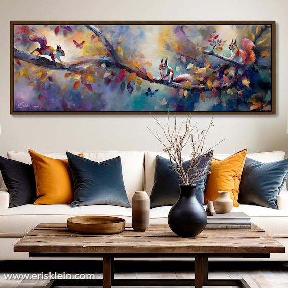 Squirrel Tree Canvas Art Print: Woodland Home Decor, Floating Frame