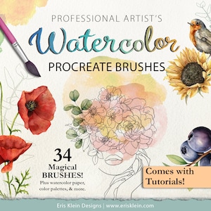 Realistic Watercolor Procreate Brushes and Stamps, Watercolor Texture Paper, Color Palettes, Tutorials, iPad Painting Kit, sketch pencil