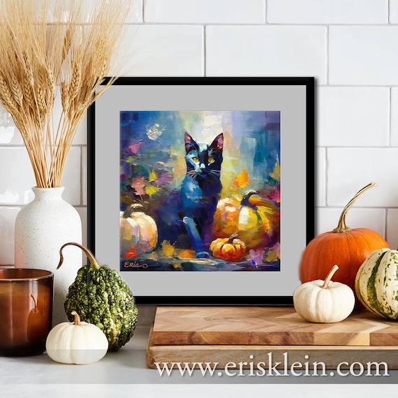 Black Cat Autumn Art Print: Fall Leaves, Pumpkins
