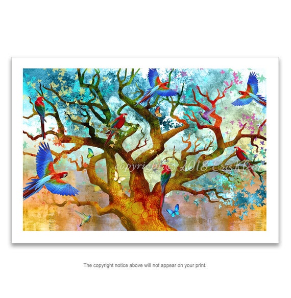 Scarlet Macaw Art Print: Tropical Tree of Life, Colorful Birds