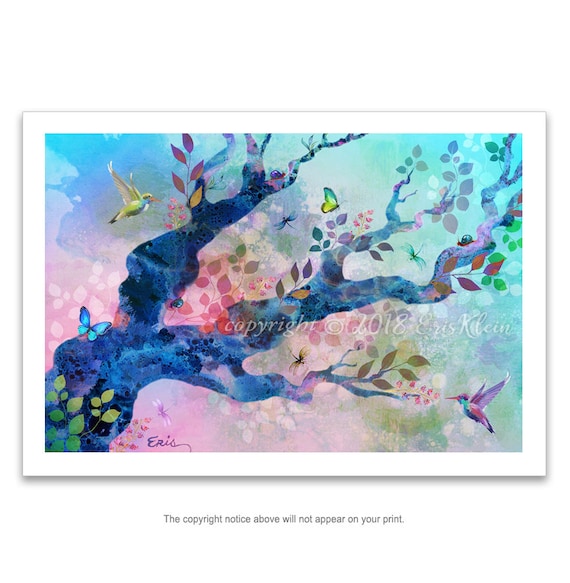 Hummingbird Tree Art Print: Whimsical Dragonfly, Butterfly, Woodland Decor