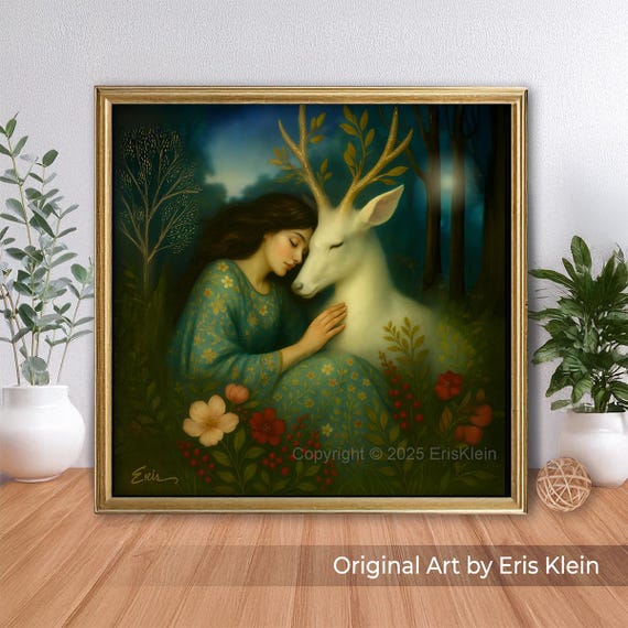 Spirit Deer Woman, Canvas Print: inspired by Pre-Raphaelite art, Medieval wall tapestries, white deer, woodland animals (unframed)