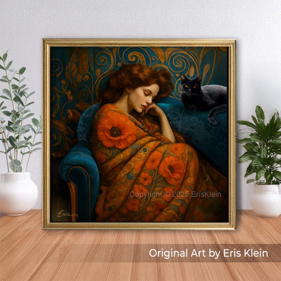 Poppy Dreams, Canvas Print: Inspired by Gustav Klimt, Pre-Raphaelite wall art, fields of red poppies, my black cat. (unframed)