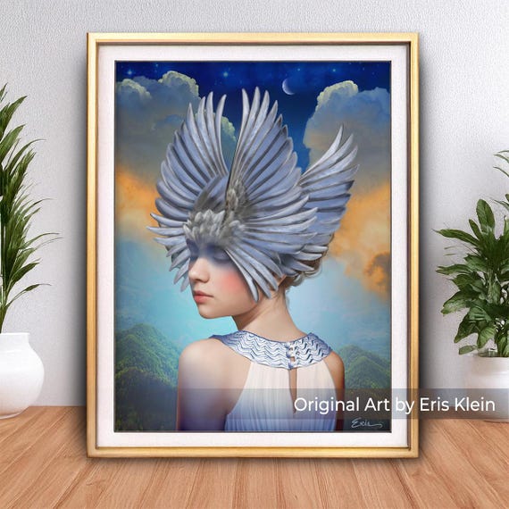 Valkyrie Wings Fine Art Print - inspired by dreams, angels, Valkyries and Maxfield Parrish skies. Divine feminine, spiritual painting