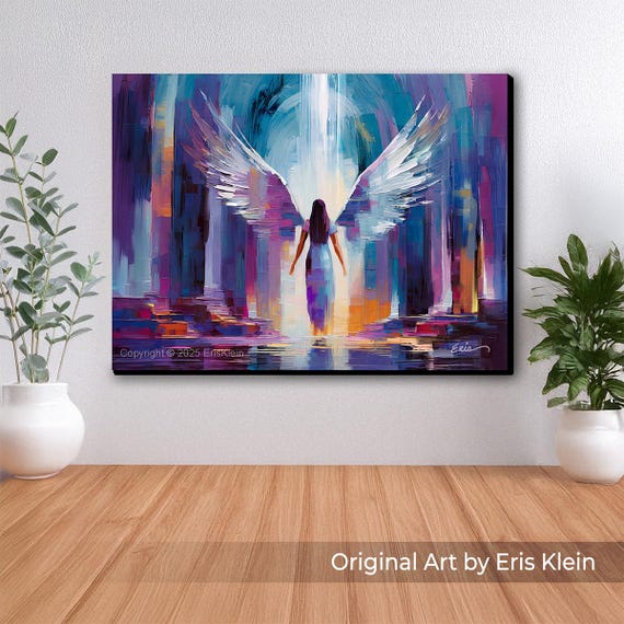 Walking Into the Light, Canvas Print: inspirational spiritual angel wings woman wall art painting (unframed)
