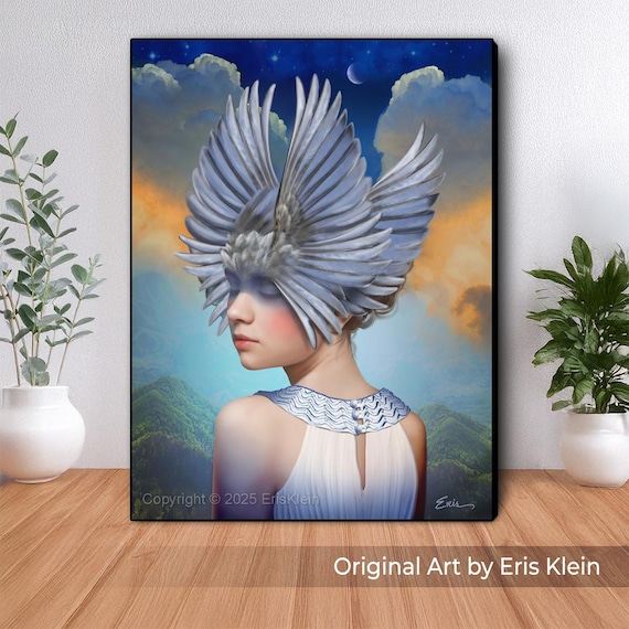 Valkyrie Wings, Canvas Print - inspired by dreams, angels, Valkyries, Maxfield Parrish skies. Divine feminine, spiritual wall art (unframed)
