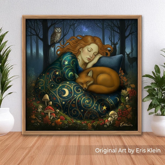 Woodland Animal Spirit Woman Art Print: with fox, owl, deer, mushrooms, celestial decor. Inspired by William Morris and vintage fairytales