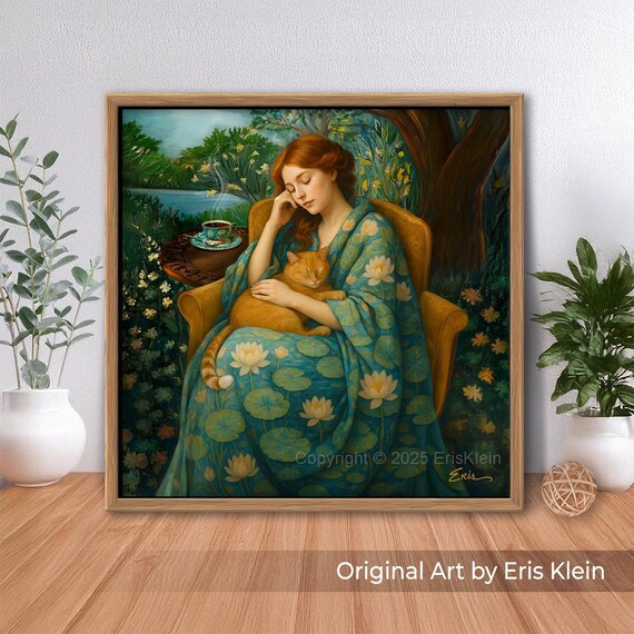 Garden of Serenity, Canvas Print: with Woman, Ginger Cat, Lilly Pad Pond. Inspired by Monet and the Impressionists art. (unframed)