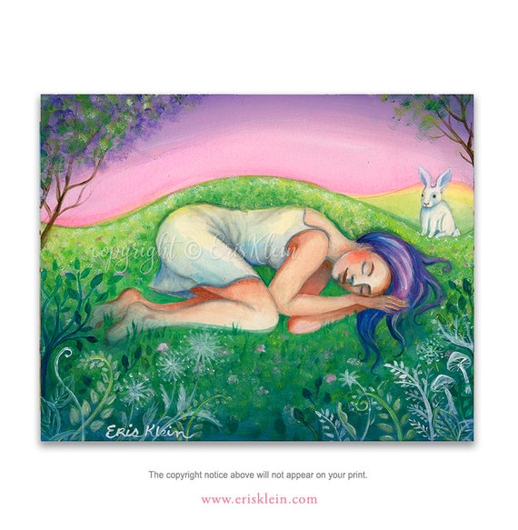 White Rabbit Dreams Art Print: Boho Watercolor Woodland Painting