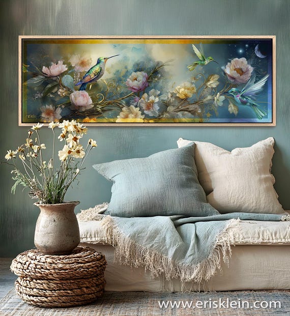 Hummingbird Canvas Art Print: Vintage Floral, Boho Chic Decor