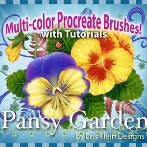 Op de afbeelding: Multi-kleurige Procreate-kwasten! met tutorials.  Pansy Garden door Eris Klein Designs. Een digitale illustratie van een kleurrijke viooltjesbloem met groene bladeren en een lieveheersbeestje.