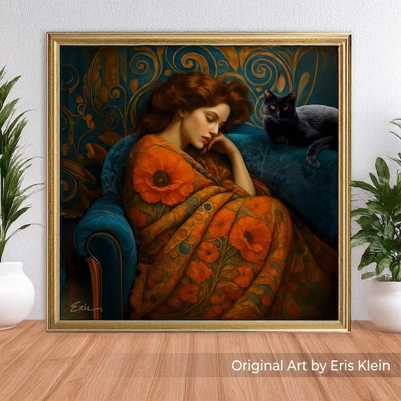 Poppy Dreams: Fine Art Print, Gustav Klimt Style, Gold & Orange Vivid Colors, Home Decor