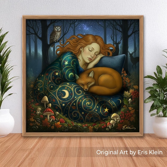 Woodland Forest Animal Dreamer: Fine Art Print, Fox Painting, Nature Spirit Art, Woman Portrait