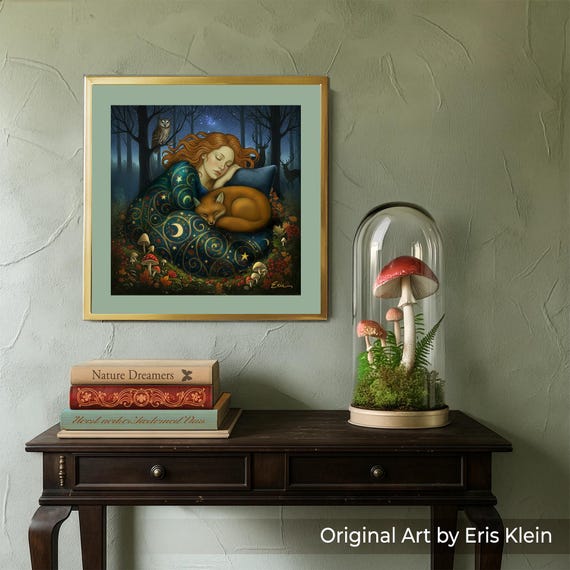 Woodland Dreamer, Paper Print: fox, owl, deer, mushrooms, celestial woman. Inspired by William Morris, fantasy forest wall art (unframed)