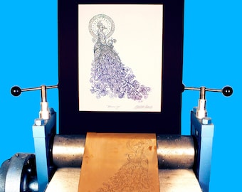 Peacock - Original Etching  16x20 inch Matted - Fine Art - Copper Etching Print - Mythology - Animal Art - Decor - Gift - Artwork - Bird