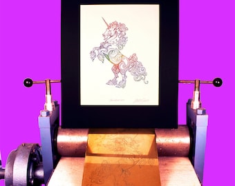 Unicorn Original Etching 16x20 inch Matted - Fine Art Print - Celtic - Mythology - Animal Art - Unicorns - Decor - Gift - Artwork - Unicorns