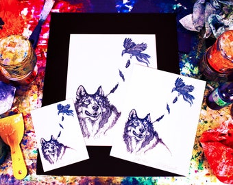 Wolf - Morrigan - 8.5x11 inch Giclee Print - Celtic -  Fine Art - Wolves - Crow - Great Wolf Lodge -  Mythology - Animal Art - Gift - Decor