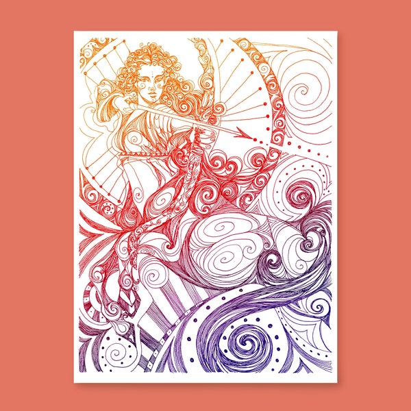 Sagittarius - 5x7 inch Giclee Print - Zodiac - Horoscope - Fine Art - Centaur - Astrology - Fire Sign - Gift - Decor - Artwork