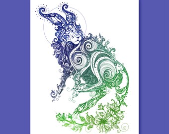 Eostre - 5x7 inch Giclee Print - March Hare - Rabbit - Fine Art - March Hare - Celtic - Mythology - Animal Art - Easter - Bunny
