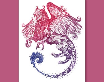 Griffon - Griobh - 5x7 pouces Giclee Print - Gyphon - Fine Art - Gravure - Mythologie - Décoration murale