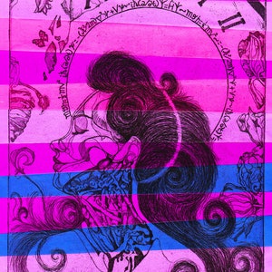 Könnte beinhalten: Künstlerische Illustration eines Frauenprofils, integriert mit einem Zifferblatt und mathematischen Gleichungen. Das Kunstwerk verwendet rosa und blaue horizontale Streifen als Hintergrund, mit floralen und Schmetterlingsakzenten. Die Uhr zeigt die römischen Ziffern XII und I.