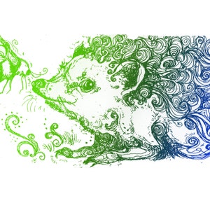 May include: A green and blue line drawing of a hedgehog with a butterfly on its nose. The drawing is done in a whimsical style with swirls and curls.