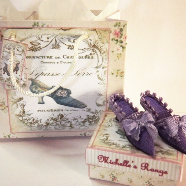 Dolls house miniature Lilac silk shoes 1/12th scale