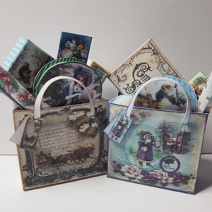 May include: Two decorative gift bags filled with Christmas themed items, including wrapping paper, ribbon, and gift boxes. The bags are decorated with vintage-style illustrations and have white handles.