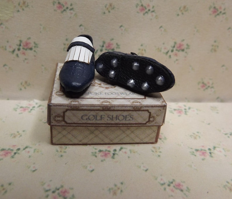 1/12th Scale Miniature Mens Blue Leather Golf Shoes. image 4