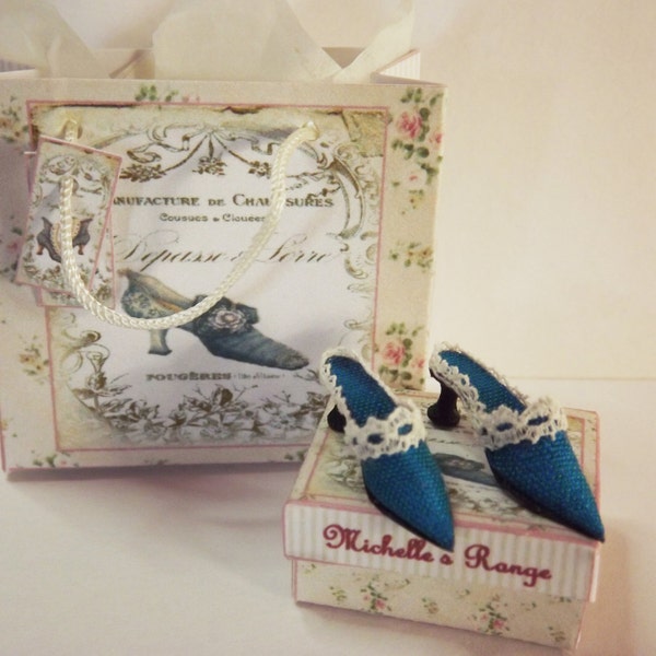 Dolls house miniature Turquoise silk shoes 1/12th scale