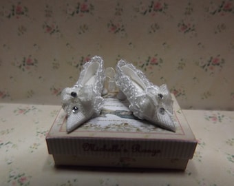 Dolls House Miniature White Silk Wedding Shoes 1/12th Scale