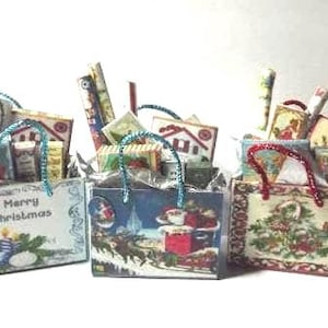 May include: Three Christmas gift bags filled with wrapped presents, wrapping paper, and gift tags. The bags are decorated with festive designs and the text "Merry Christmas".
