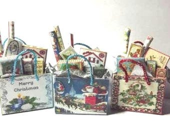 3 Filled Christmas Gift Bags Doll House Miniature Kit