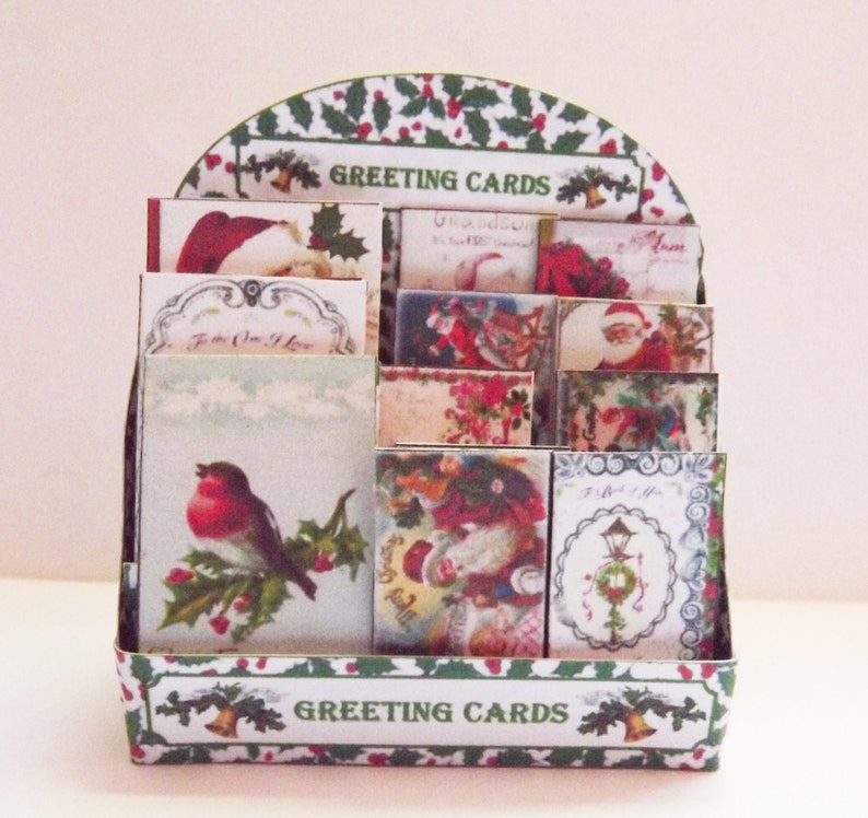 Dolls house miniature Greeting Card shop display stand & cards kit image 1