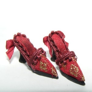 Handmade Miniature Red & Gold Silk Brocade Dolls House Shoes