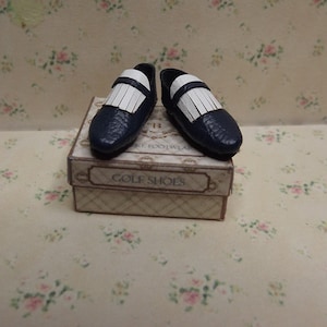 1/12th Scale Miniature Mens Blue Leather Golf Shoes. image 1