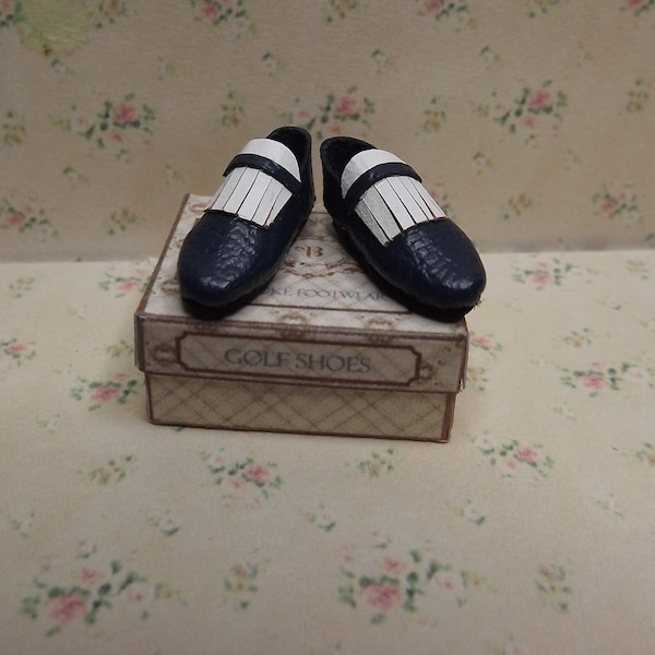 1/12th Scale Miniature Mens Blue Leather Golf Shoes.