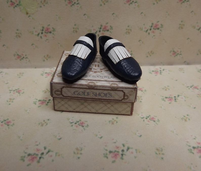 1/12th Scale Miniature Mens Blue Leather Golf Shoes. image 1