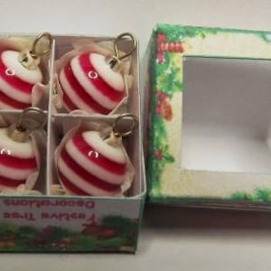 4 Striped Dolls House Miniature Christmas Tree Baubles In A Box in 1/12th scale.
