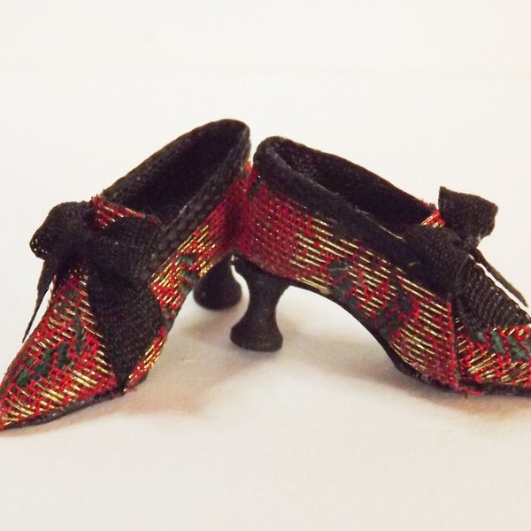 Black, Red & Gold Silk Brocade Miniature Dolls House Shoes