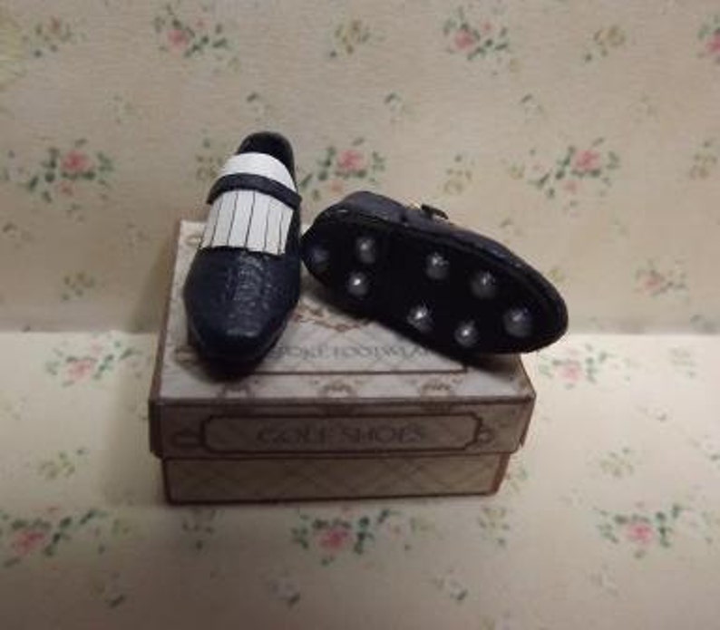 1/12th Scale Miniature Mens Blue Leather Golf Shoes. image 5