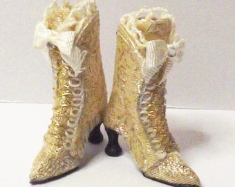 Miniature Cream & Gold Silk Brocade Dolls House Boots