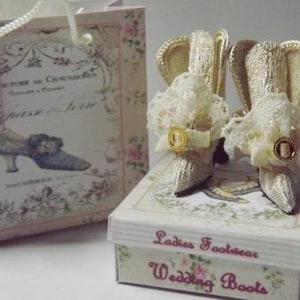 Miniature Cream Silk Brocade Dolls House Boots