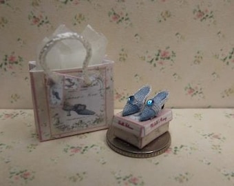 1/24th Scale dolls house miniature blue silk shoes.